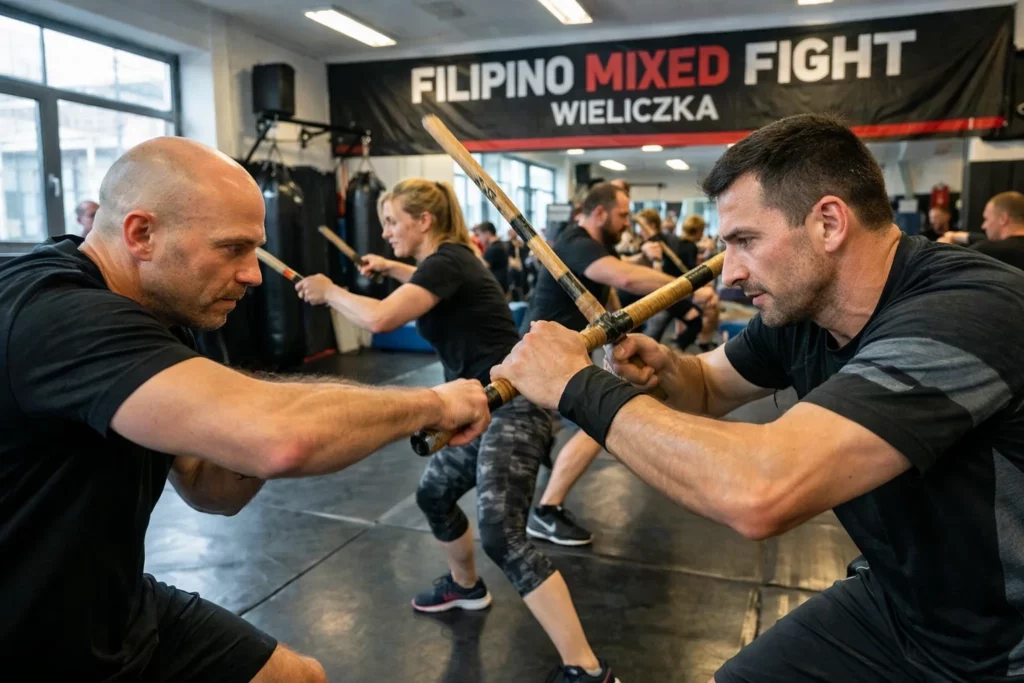 Dynamiczny trening samoobrony Filipino Mixed Fight w sali treningowej w Wieliczce, dorośli ćwiczą techniki walki kijem w realistycznej atmosferze.