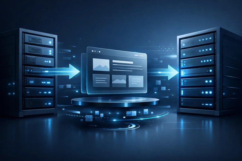 Abstrakcyjna ilustracja serwerów i transferu danych symbolizująca utrzymanie oraz migrację strony internetowej w nowoczesnym środowisku IT