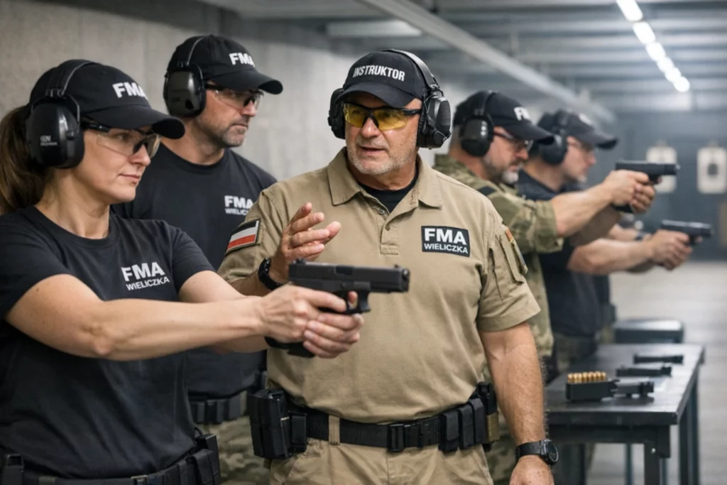 Trening strzelecki FMA Wieliczka na krytej strzelnicy pod nadzorem licencjonowanego instruktora, z zachowaniem zasad bezpieczeństwa