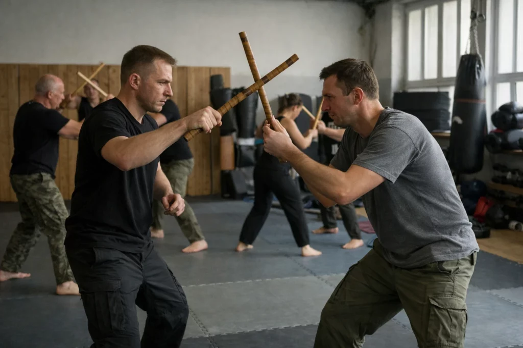 Trening Filipino Martial Arts w sali – ćwiczenie techniki w parach